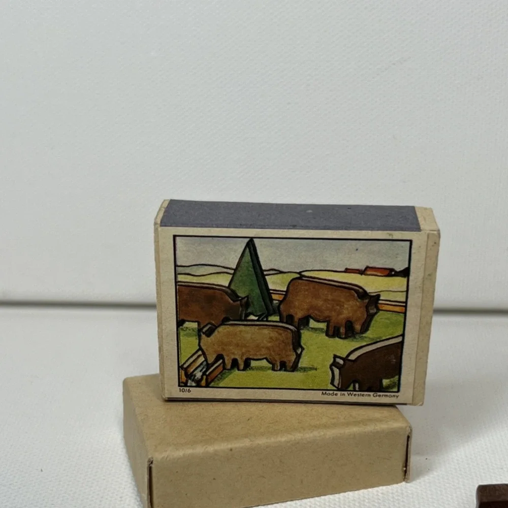 Vintage Wooden Buffalo Play Set w/ 4 Figures, Fence & Tree, Made Western Germany